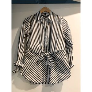 Ann Taylor white/grey striped button up with tie - size 4